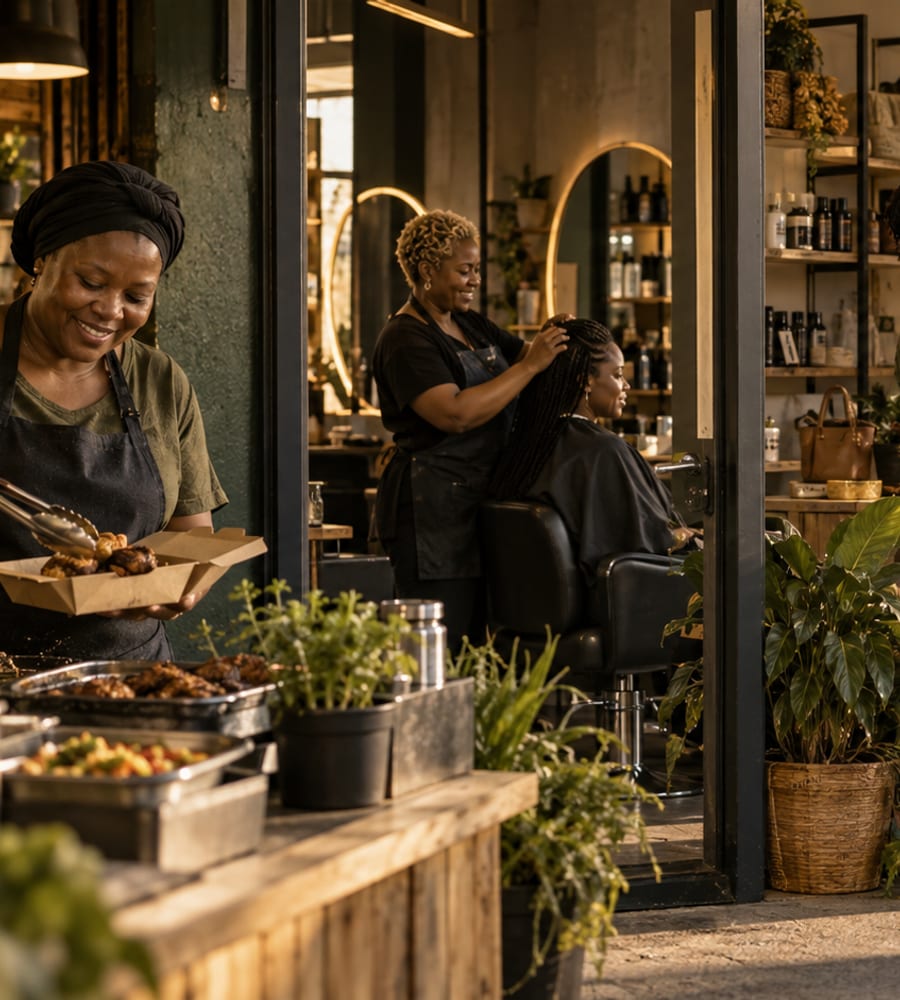 A food vendor plating a takeaway order, with a hair salon chair behind
