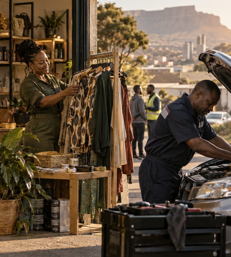 A clothing rack outside a retail shop, with a mechanic working on a car alongside