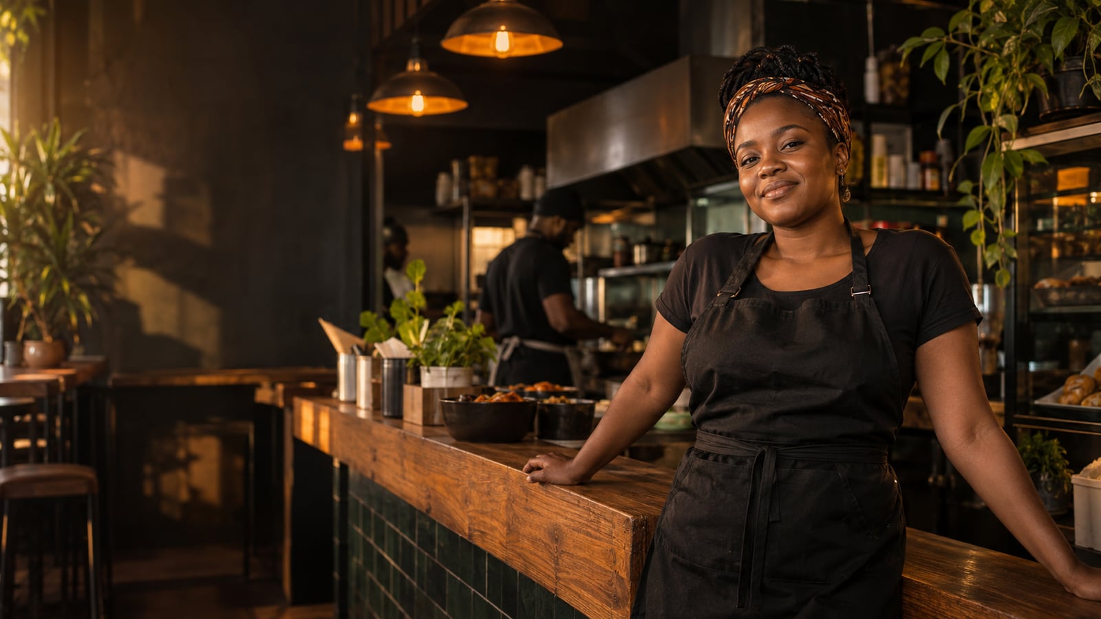 A South African small-business owner smiling behind her counter