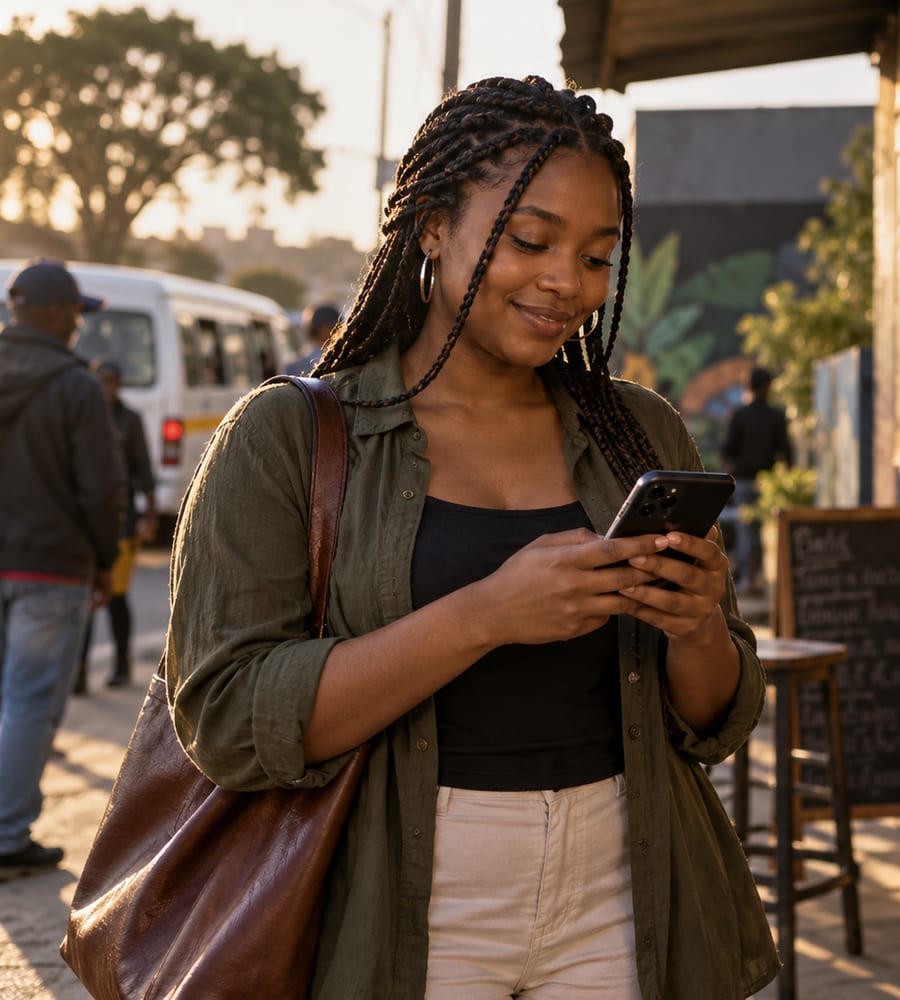 A customer checking her phone outside a small business